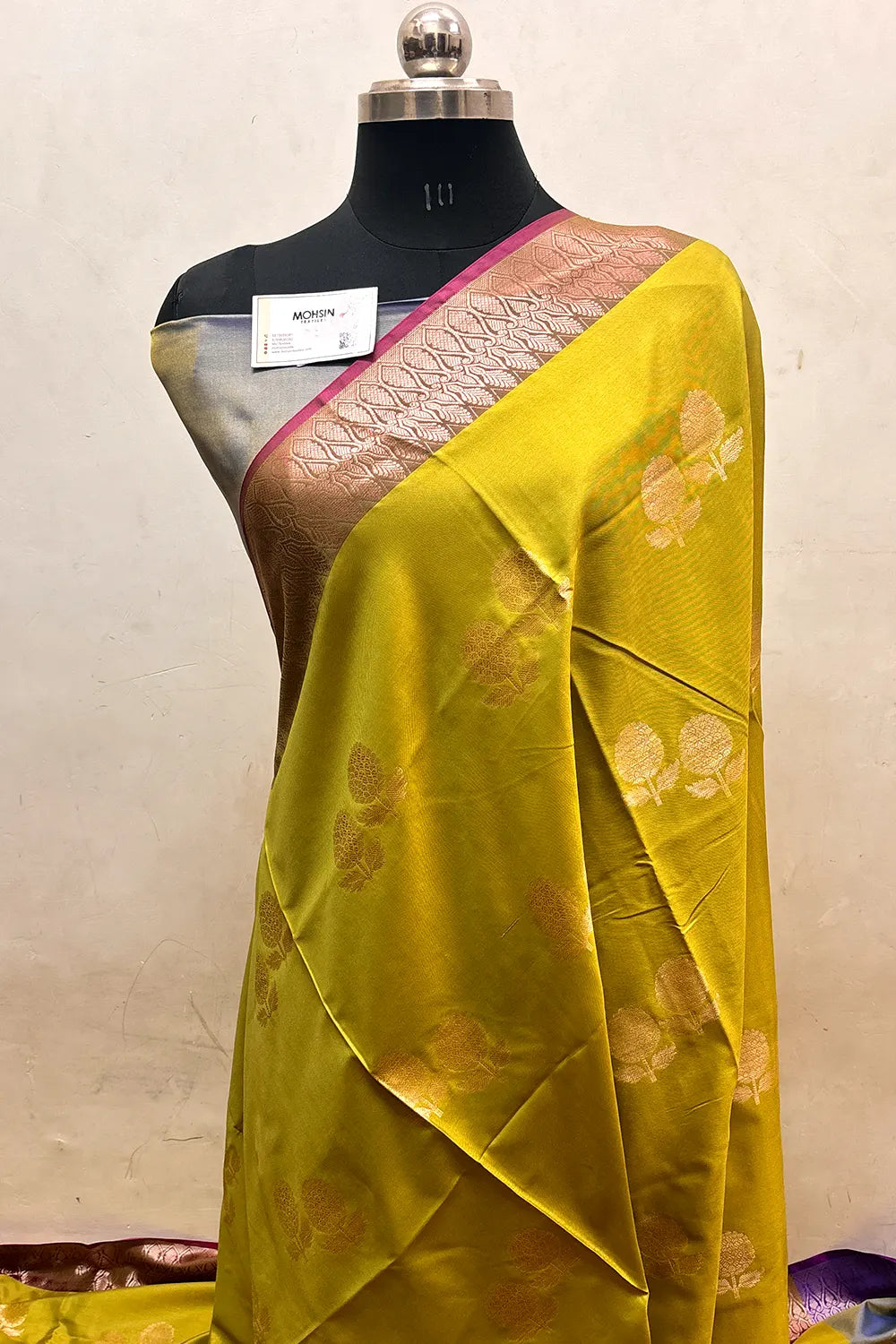 Mehendi and Blue Zari Semi Katan Silk Banarasi Saree