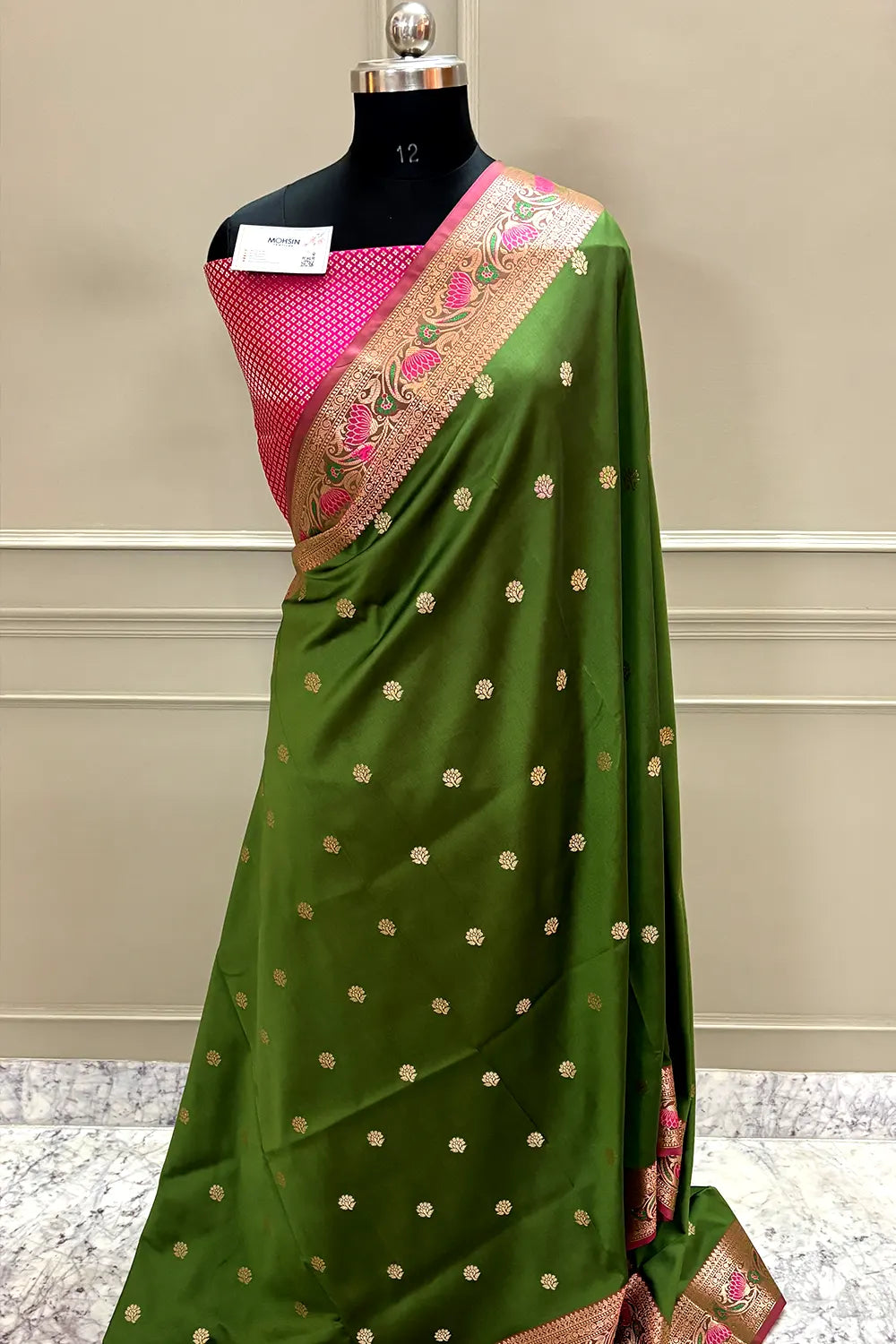Mehendi and Pink Buti Banarasi Silk Saree