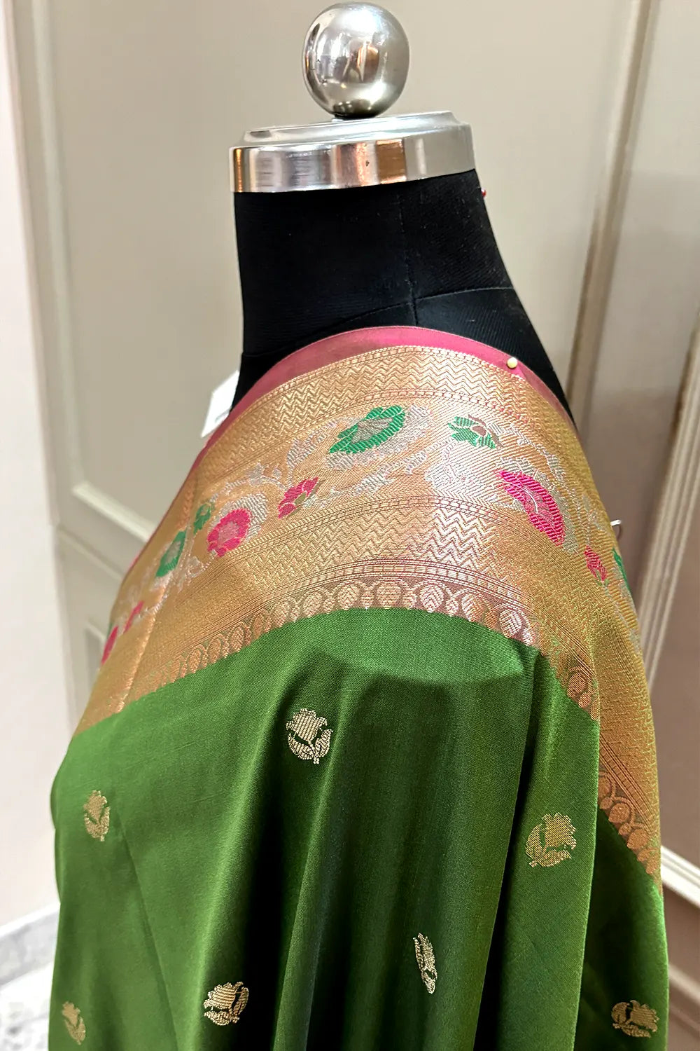 Mehendi and Pink Buti Banarasi Silk Saree