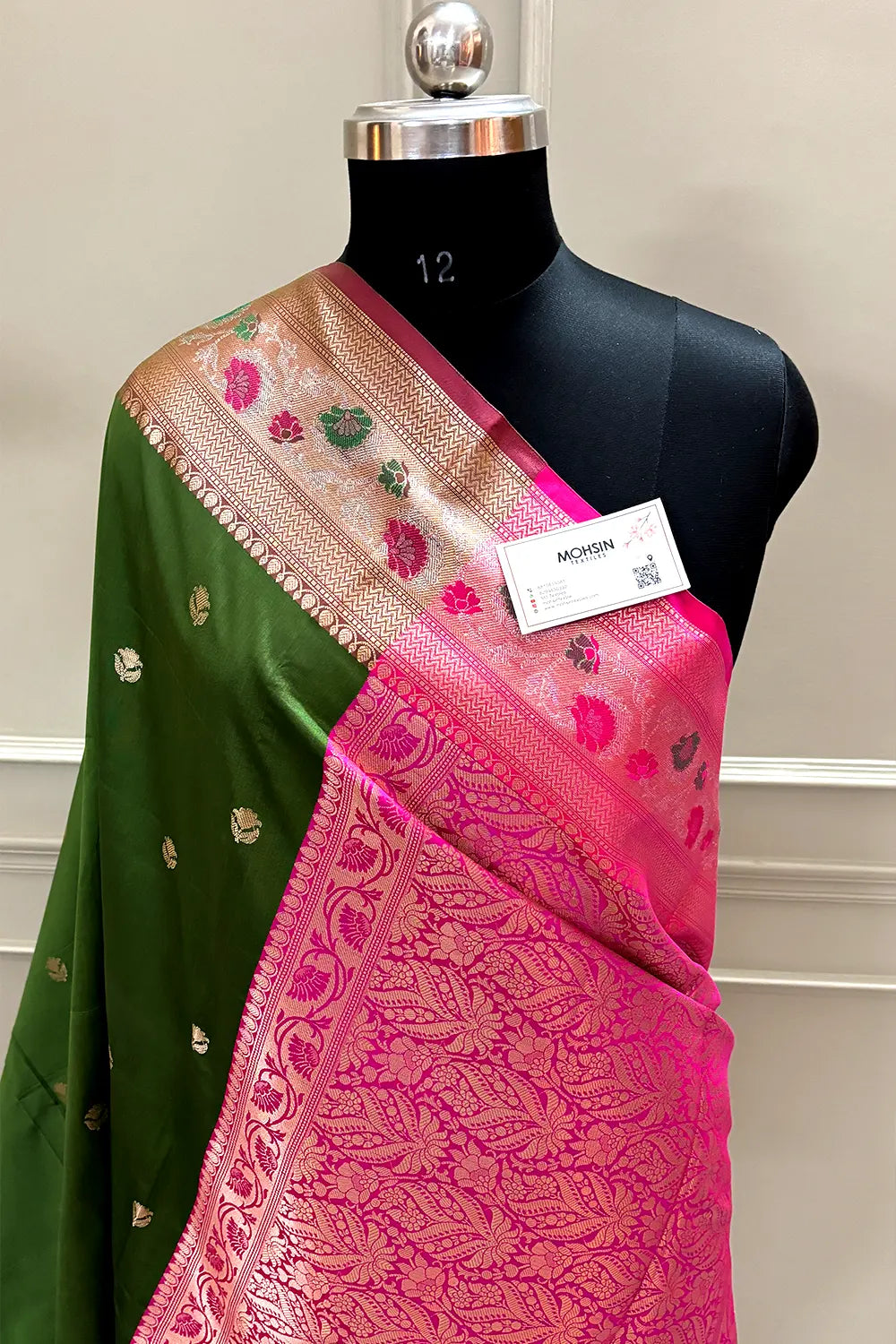 Mehendi and Pink Buti Banarasi Silk Saree