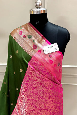 Mehendi and Pink Buti Banarasi Silk Saree