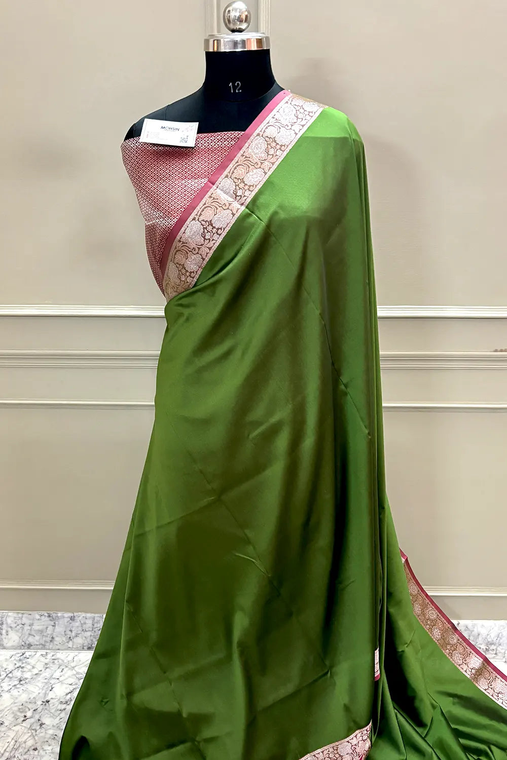 Mehendi and Pink Plain Banarasi Silk Saree