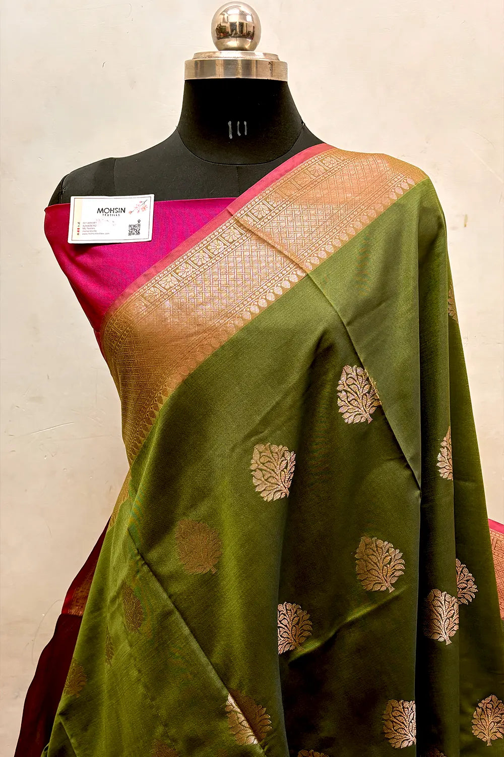 Mehendi and Pink Zari Semi Katan Silk Banarasi Saree