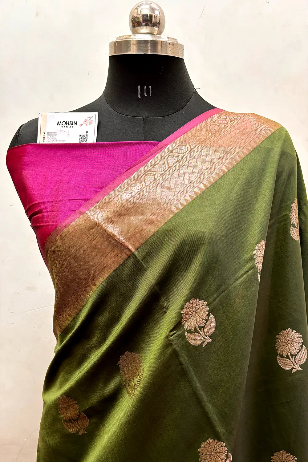 Mehendi and Pink Zari Semi Katan Silk Banarasi Saree