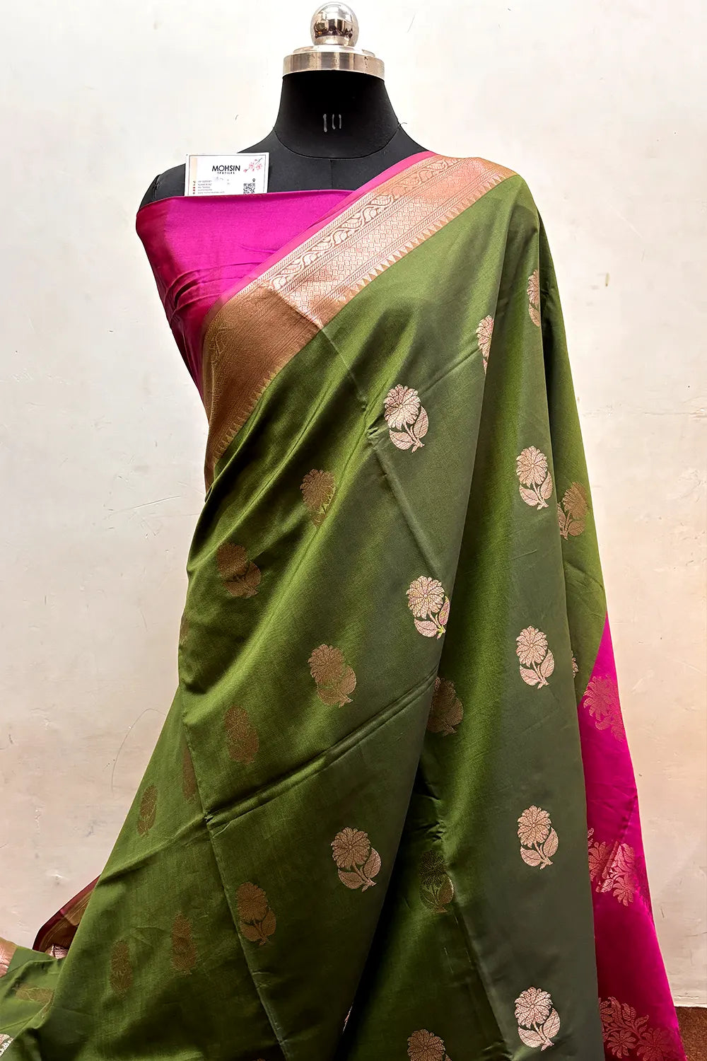 Mehendi and Pink Zari Semi Katan Silk Banarasi Saree