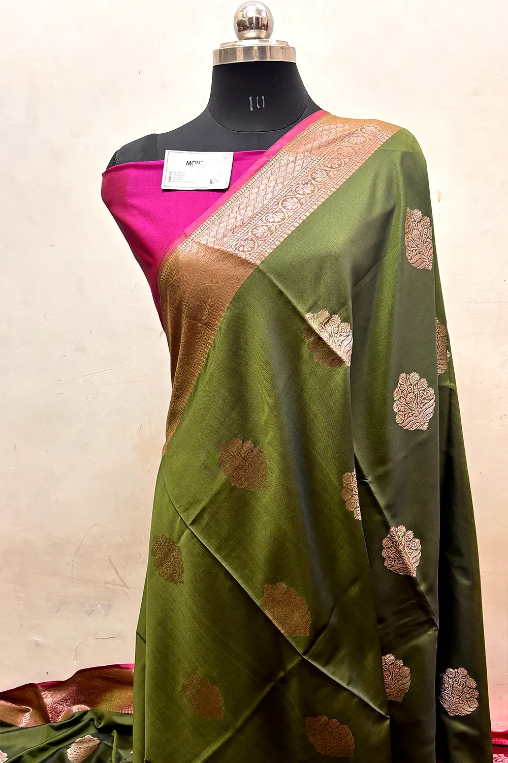 Mehendi and Pink Zari Semi Katan Silk Banarasi Saree
