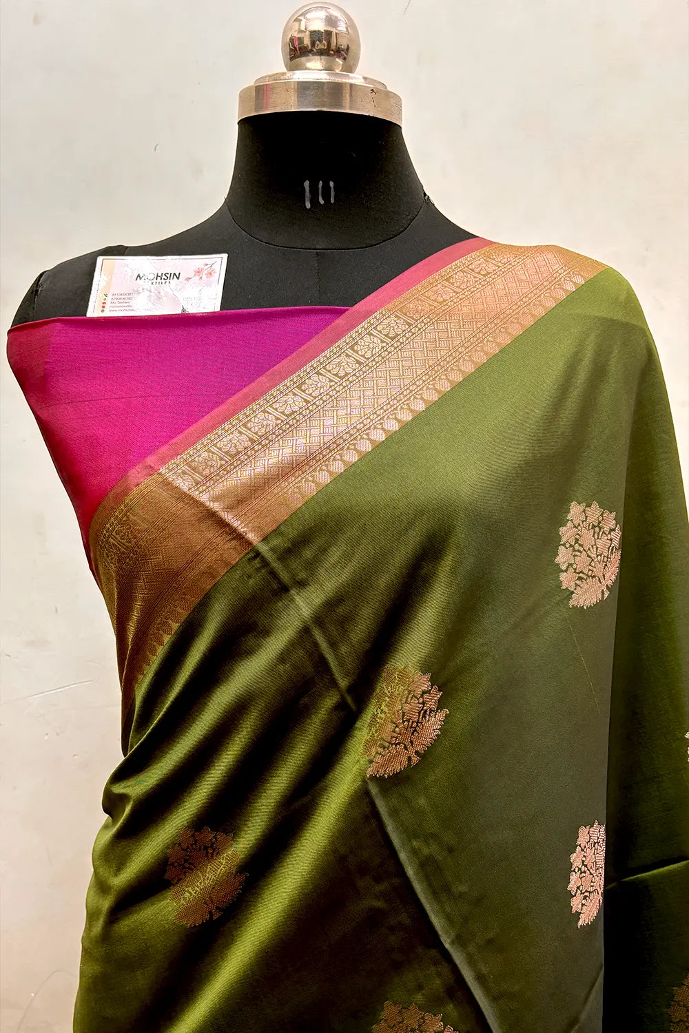 Mehendi and Pink Zari Semi Katan Silk Banarasi Saree