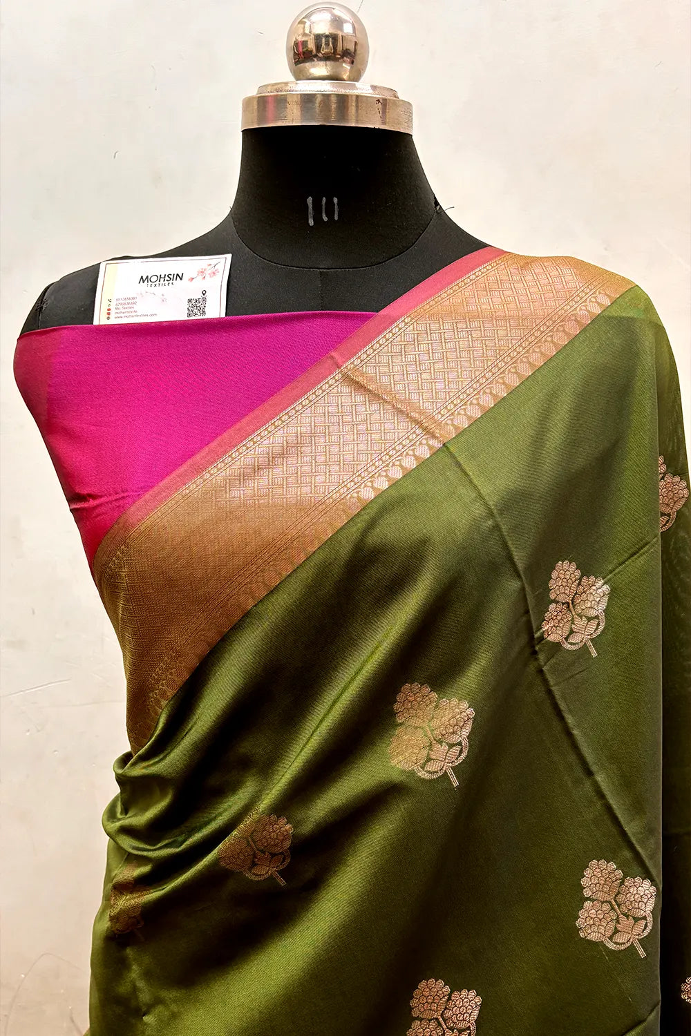 Mehendi and Pink Zari Semi Katan Silk Banarasi Saree