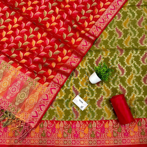 Mehendi and Red Resham Banarasi Silk Suit 