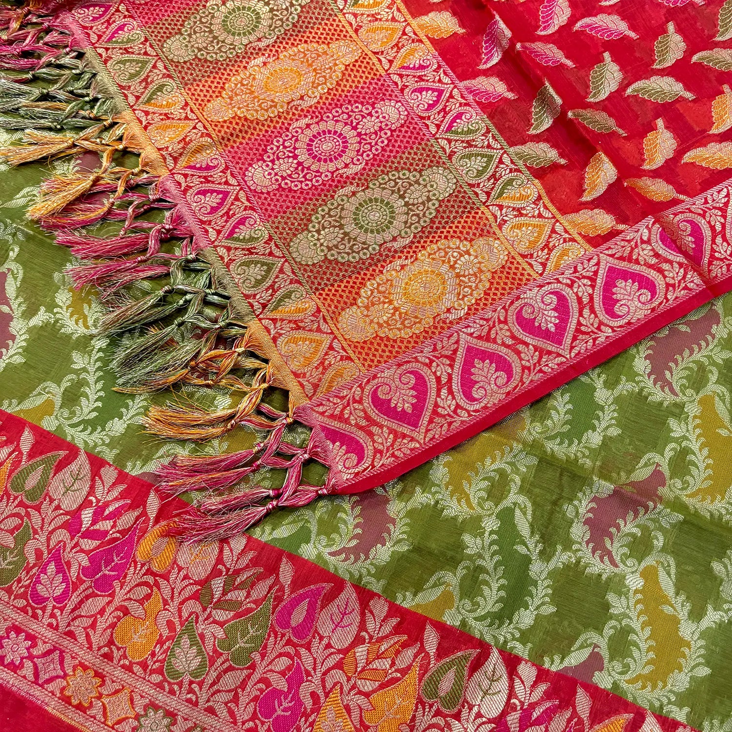 Mehendi and Red Resham Banarasi Silk Suit 