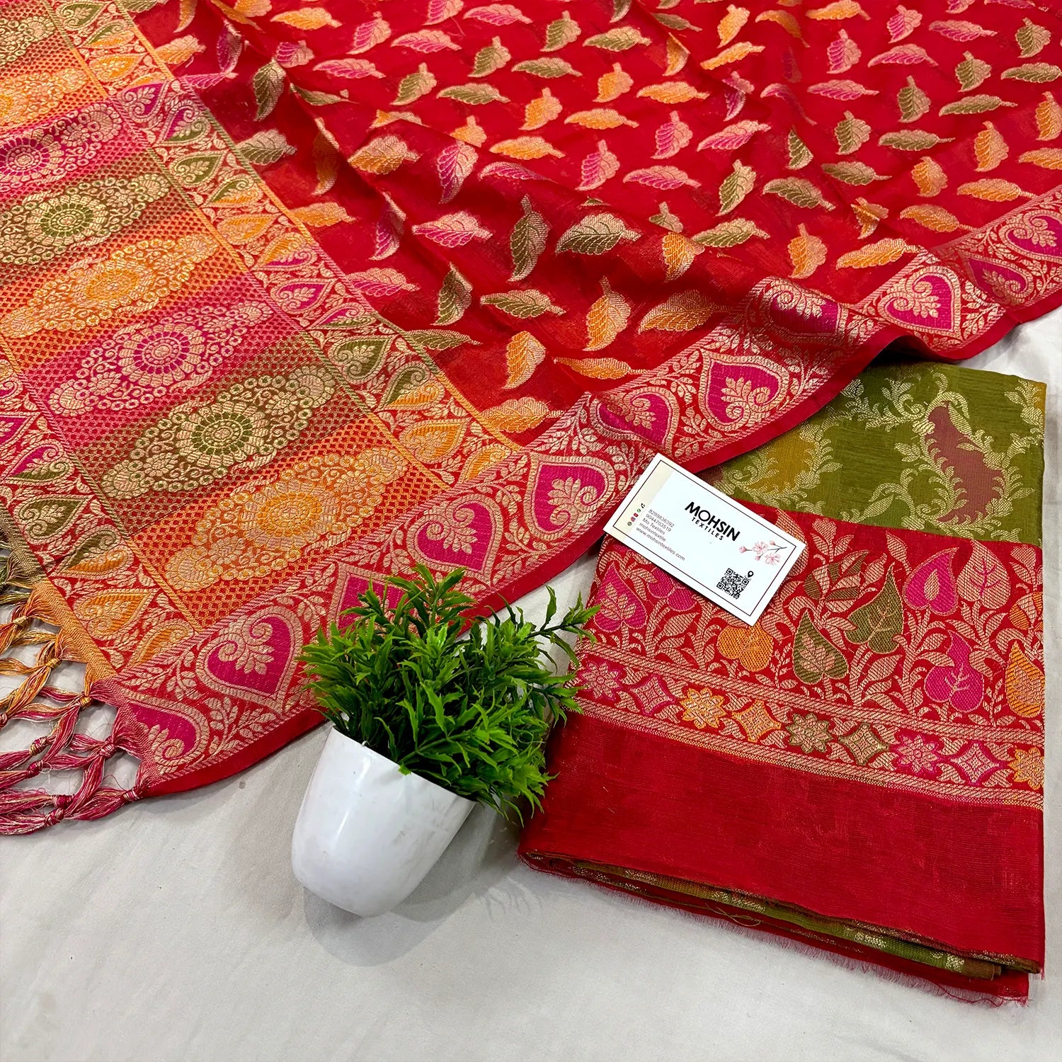 Mehendi and Red Resham Banarasi Silk Suit 