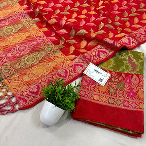 Mehendi and Red Resham Banarasi Silk Suit 
