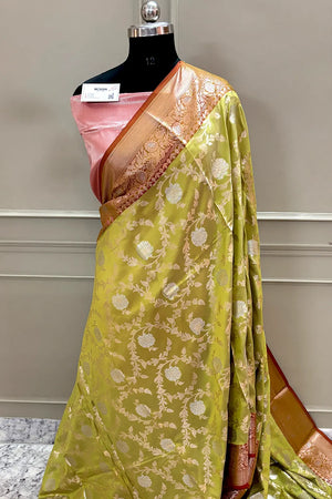 Pista and Red Zari Banarasi Silk Saree