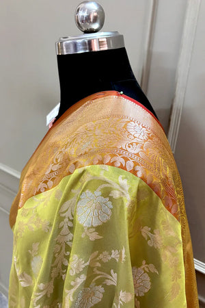 Pista and Red Zari Banarasi Silk Saree