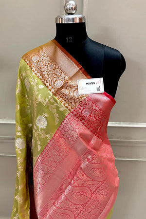 Pista and Red Zari Banarasi Silk Saree