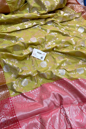 Pista and Red Zari Banarasi Silk Saree