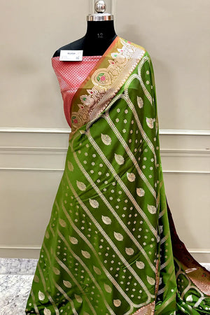 Mehendi and Red Zari Banarasi Silk Saree