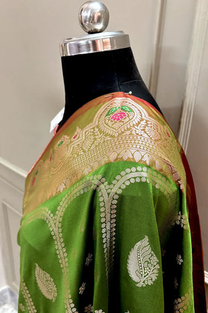 Mehendi and Red Zari Banarasi Silk Saree