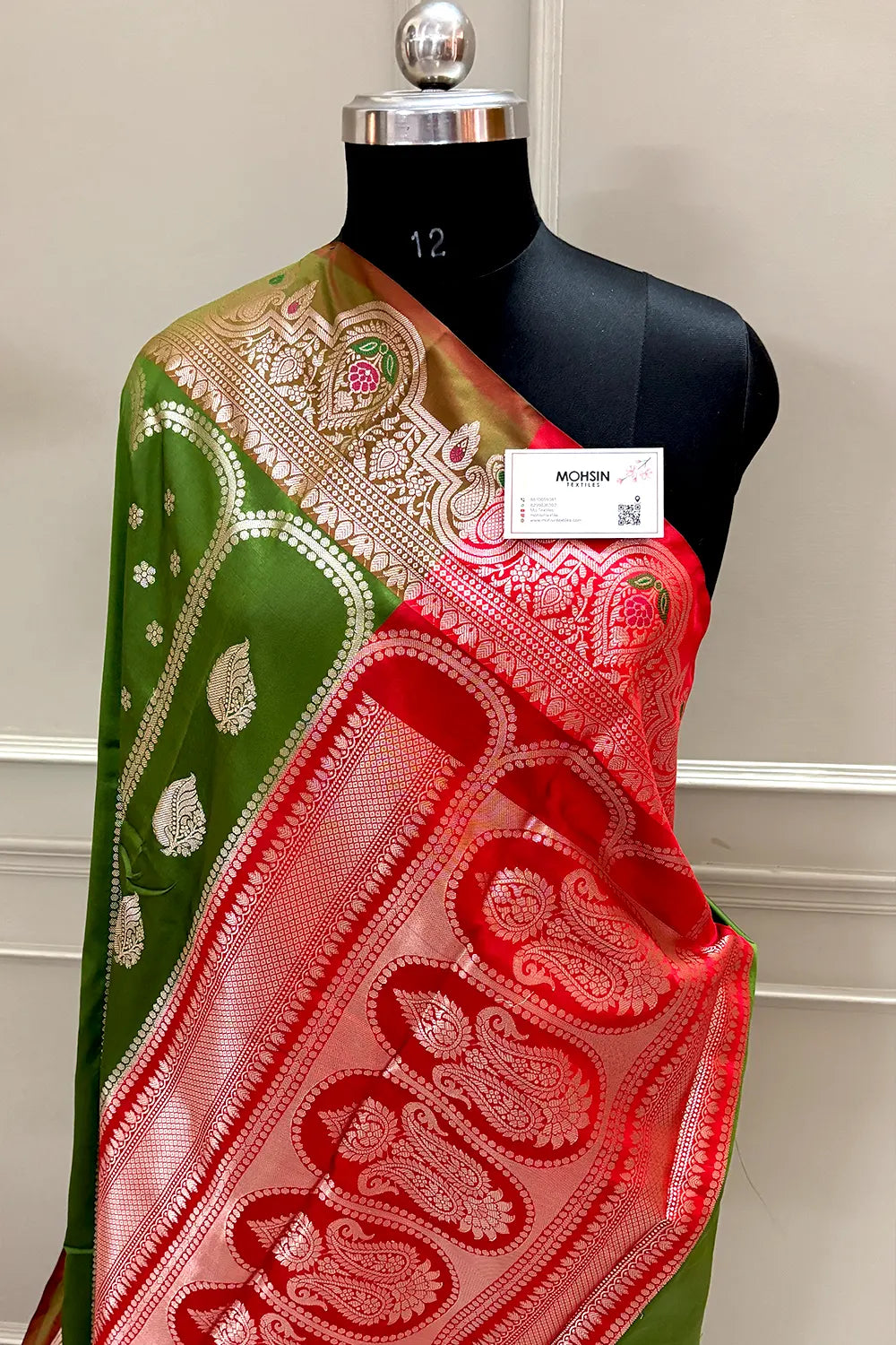 Mehendi and Red Zari Banarasi Silk Saree