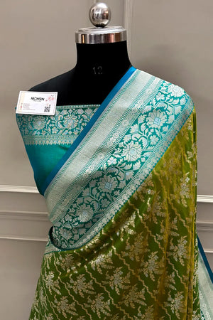 Mehendi and Teal Zari Katan Silk Banarasi Saree