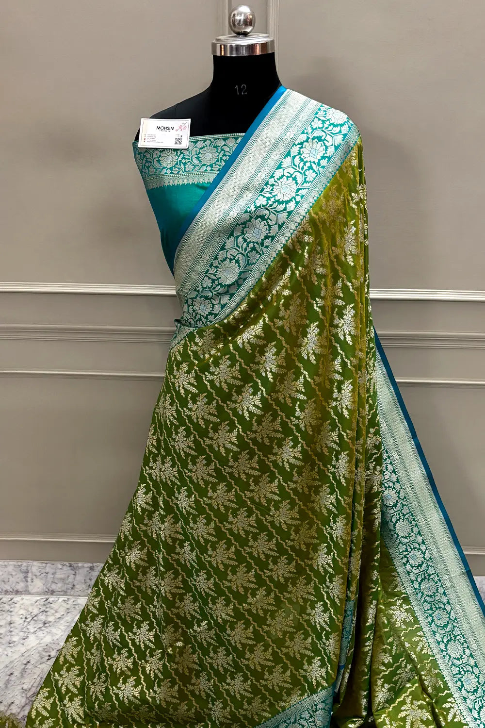 Mehendi and Teal Zari Katan Silk Banarasi Saree