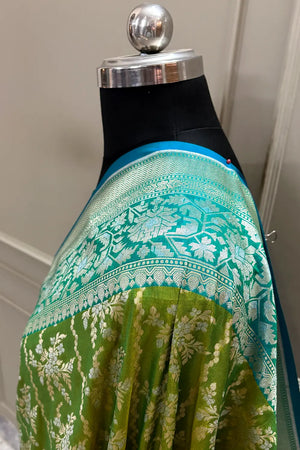 Mehendi and Teal Zari Katan Silk Banarasi Saree