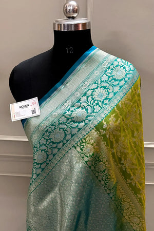 Mehendi and Teal Zari Katan Silk Banarasi Saree