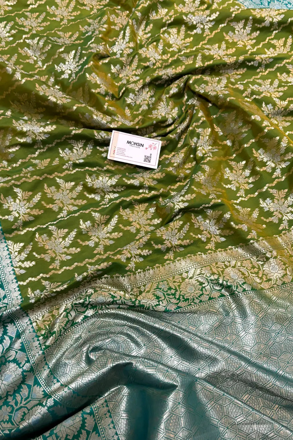 Mehendi and Teal Zari Katan Silk Banarasi Saree