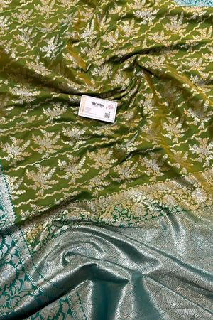 Mehendi and Teal Zari Katan Silk Banarasi Saree
