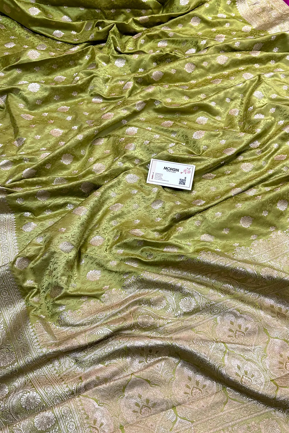 Mehendi Chunni Munni Buti Katan Silk Banarasi Saree