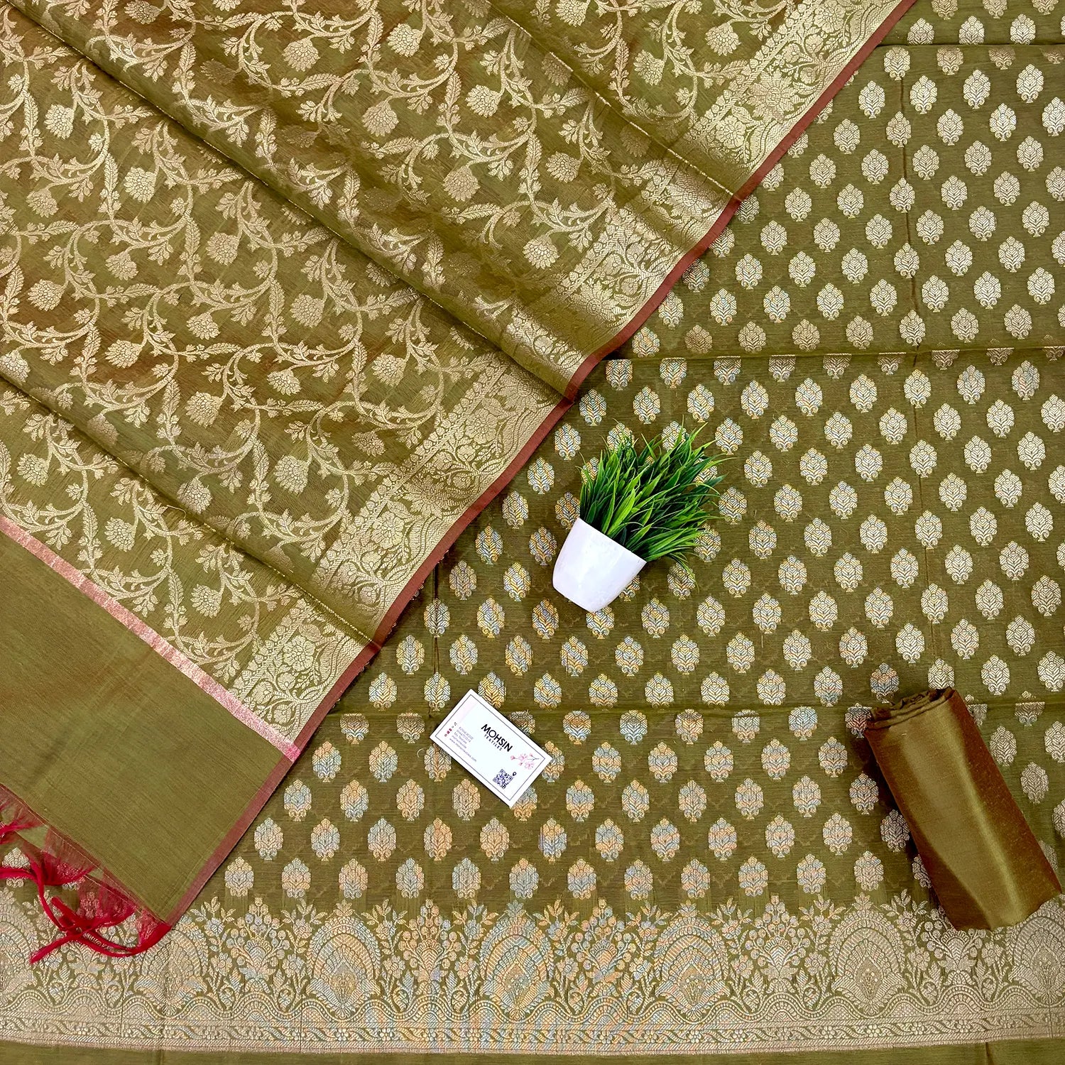 Mehendi Golden Zari Banarasi Silk Suit