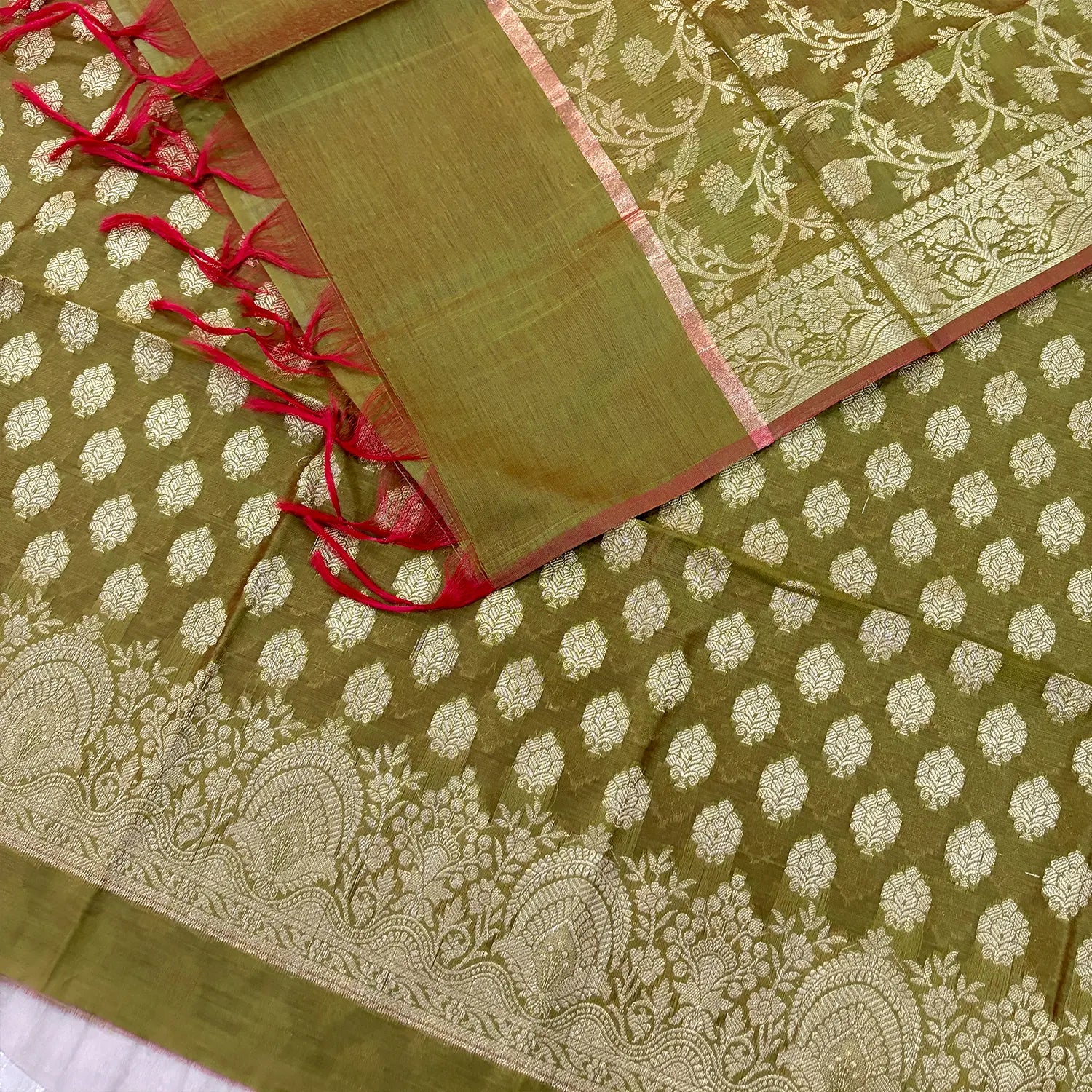 Mehendi Golden Zari Banarasi Silk Suit