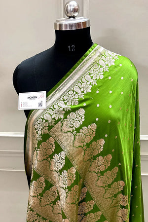 Mehendi Green Hawahawai Buti Katan Silk Banarasi Saree