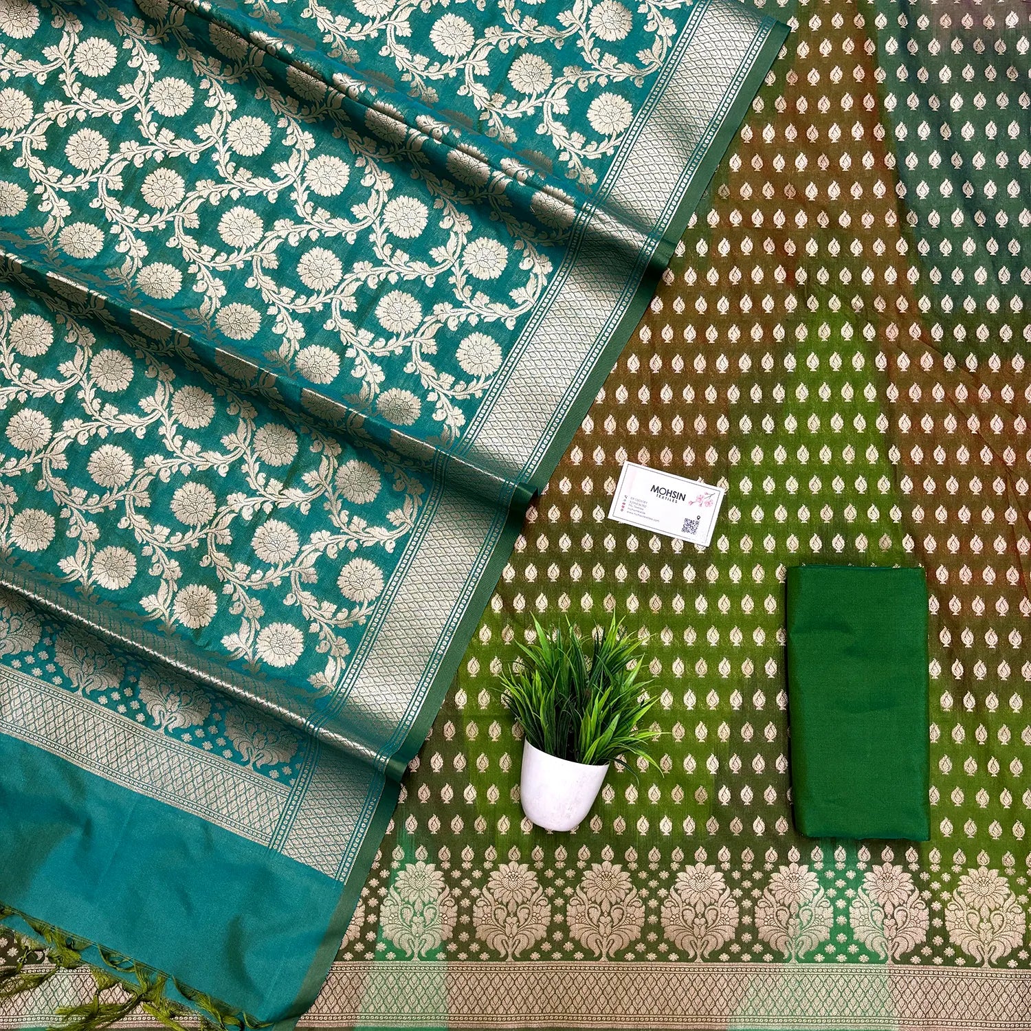 Mehendi Guldaan Agni Rangkaat Katan Silk Banarasi Suit
