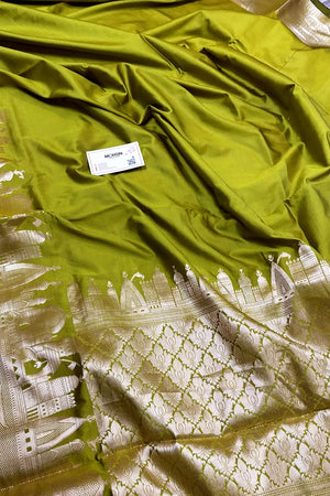 Mehendi Kalyug Plain Satin Silk Banarasi Saree