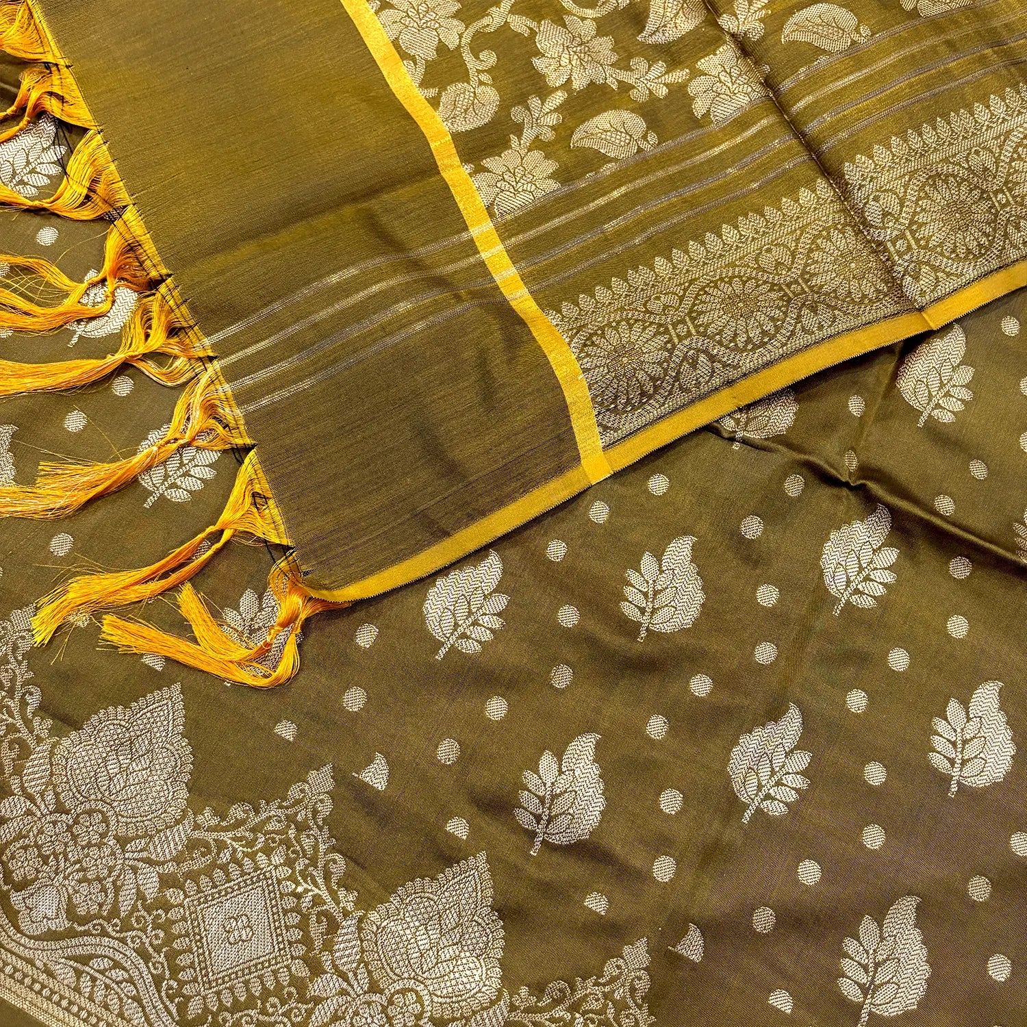 Mehendi Pankh Buti Satin Silk Banarasi Suit