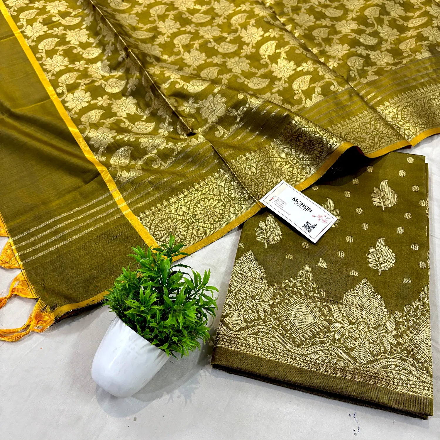 Mehendi Pankh Buti Satin Silk Banarasi Suit