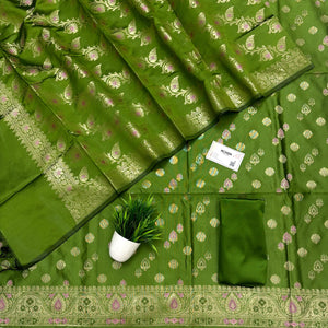 Mehendi Semi Katan Silk Banarasi Suit