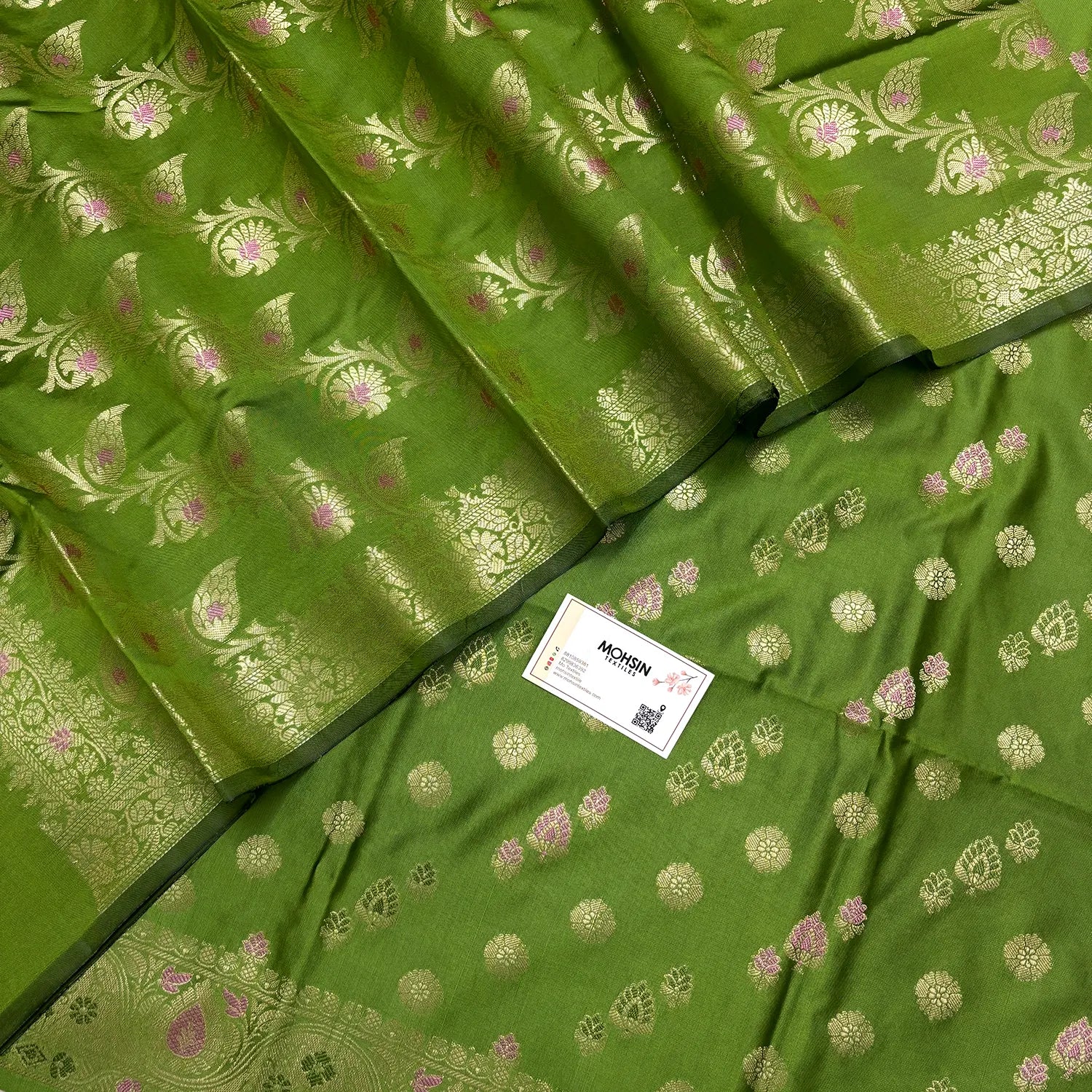 Mehendi Semi Katan Silk Banarasi Suit
