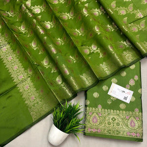Mehendi Semi Katan Silk Banarasi Suit