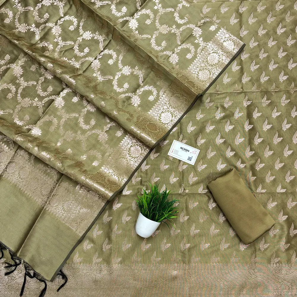 Mehendi Semi Katan Silk Banarasi Suit