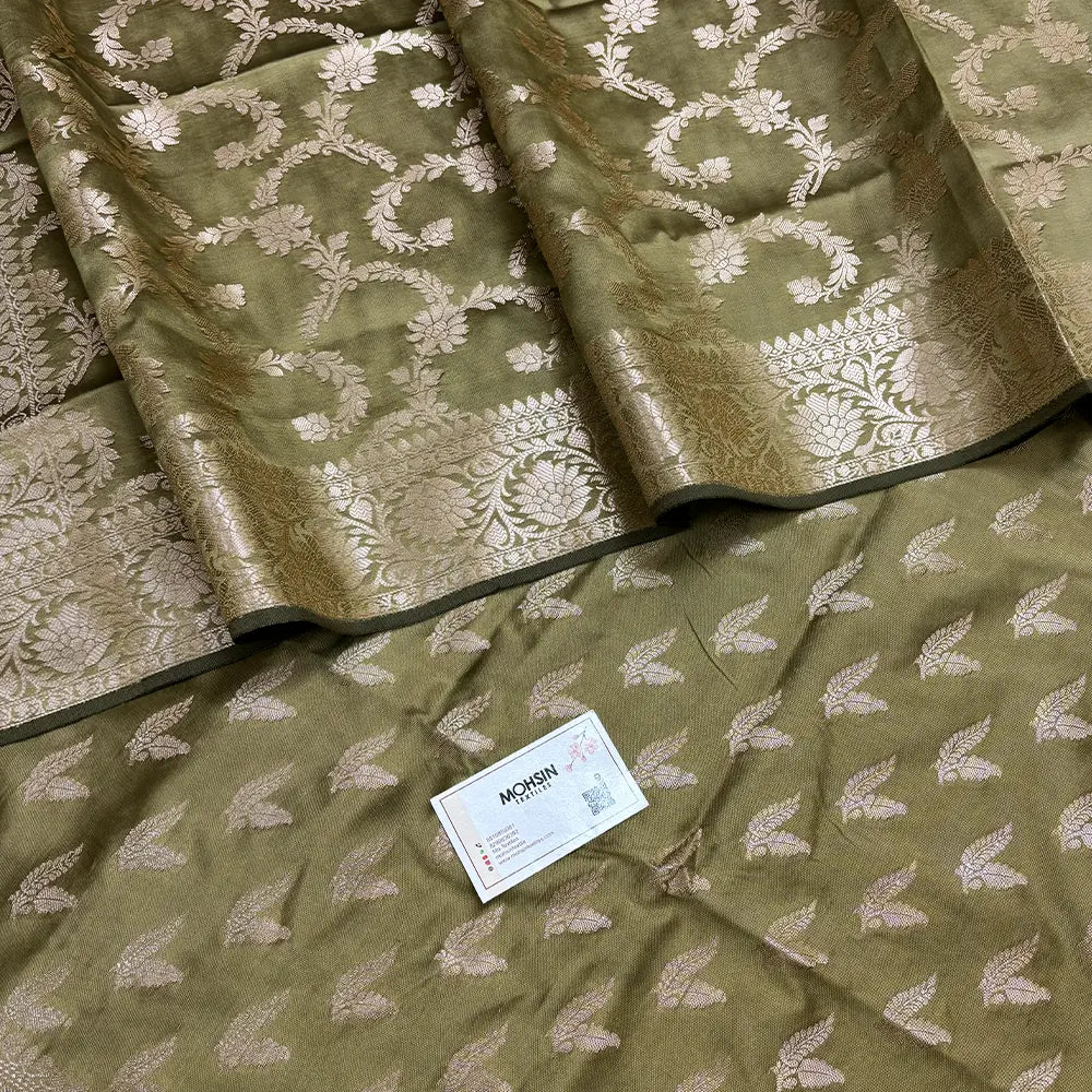 Mehendi Semi Katan Silk Banarasi Suit