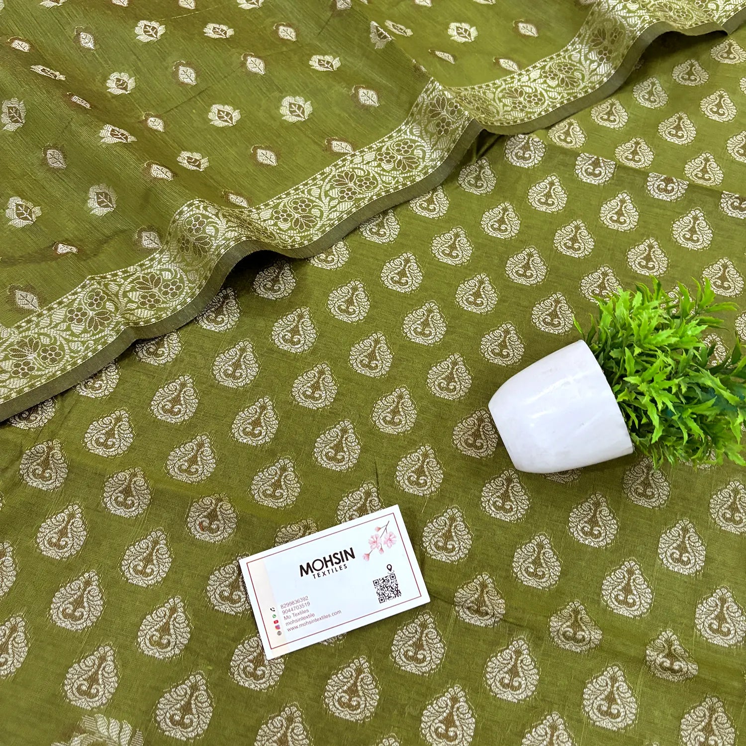 Mehendi Surahi Buti Cotton Silk Banarasi Suit