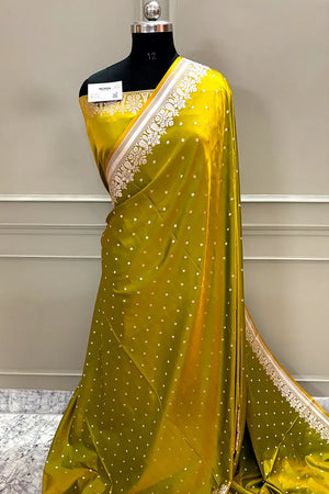 Mehendi Yellow Hawahawai Buti Katan Silk Banarasi Saree