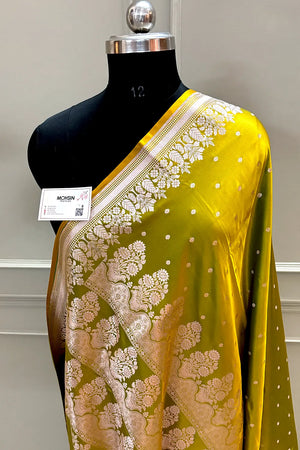 Mehendi Yellow Hawahawai Buti Katan Silk Banarasi Saree