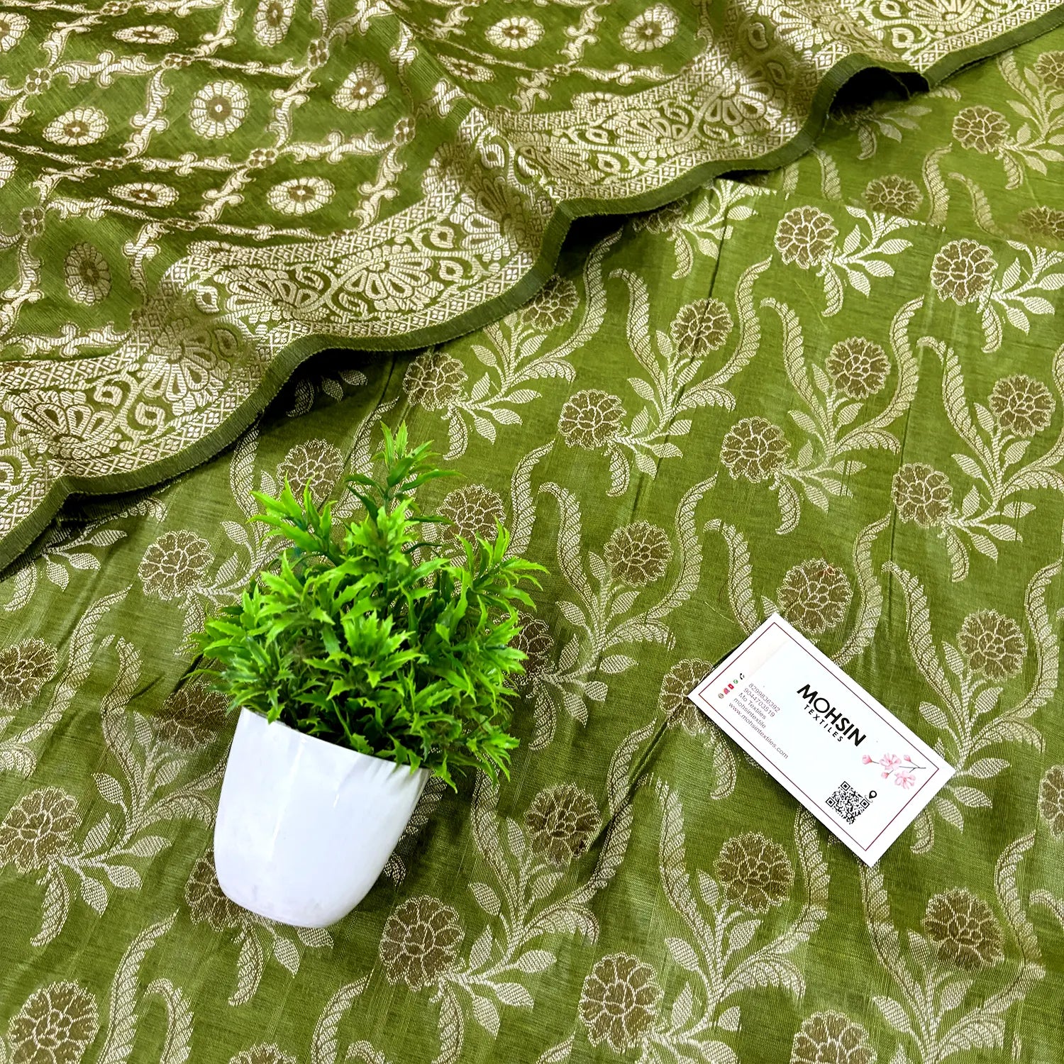 Mehendi Yoga Jaal Cotton Silk Banarasi Suit