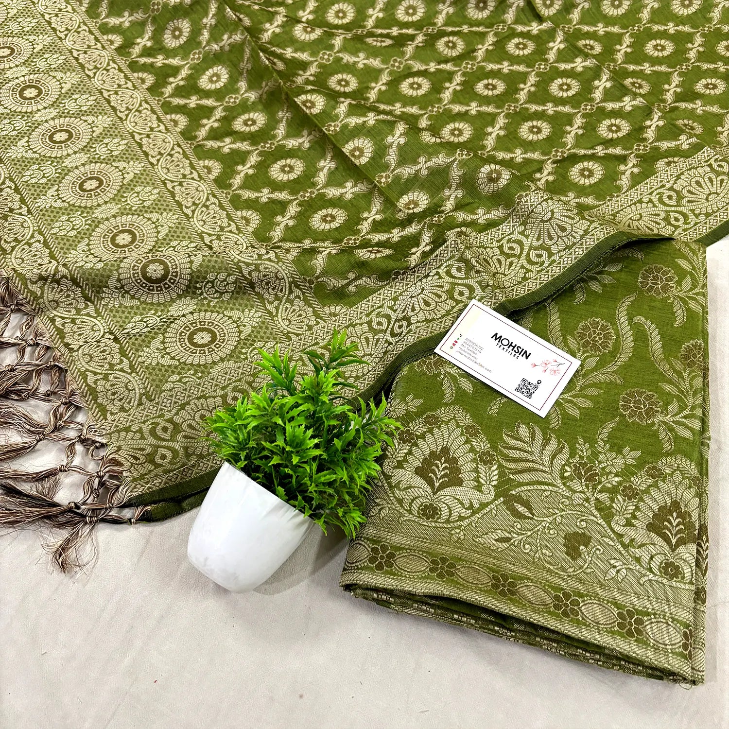 Mehendi Yoga Jaal Cotton Silk Banarasi Suit