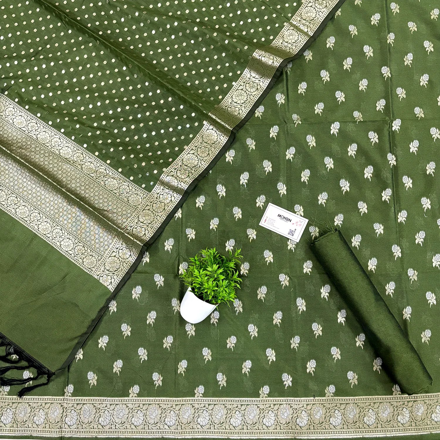 Mehendi Zari Katan Silk Banarasi Suit
