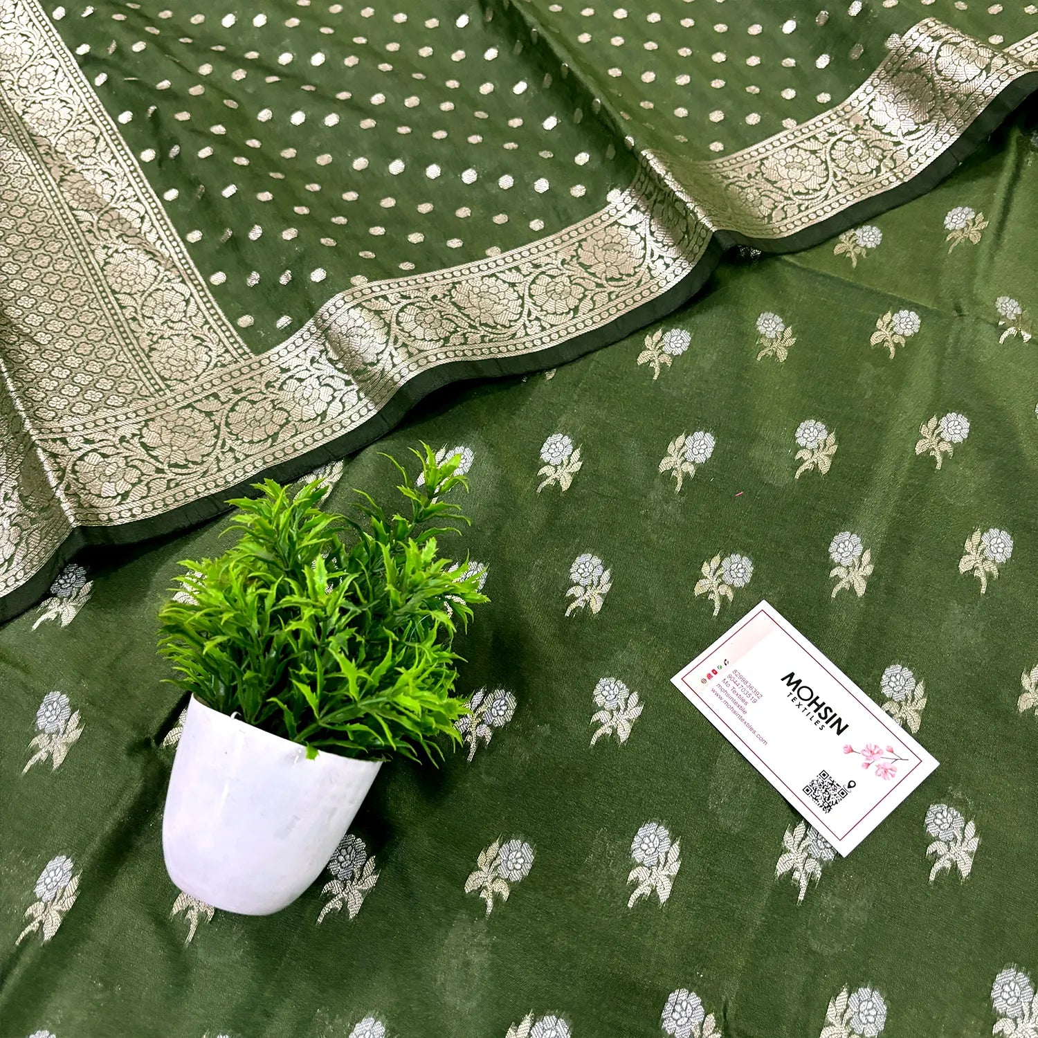 Mehendi Zari Katan Silk Banarasi Suit