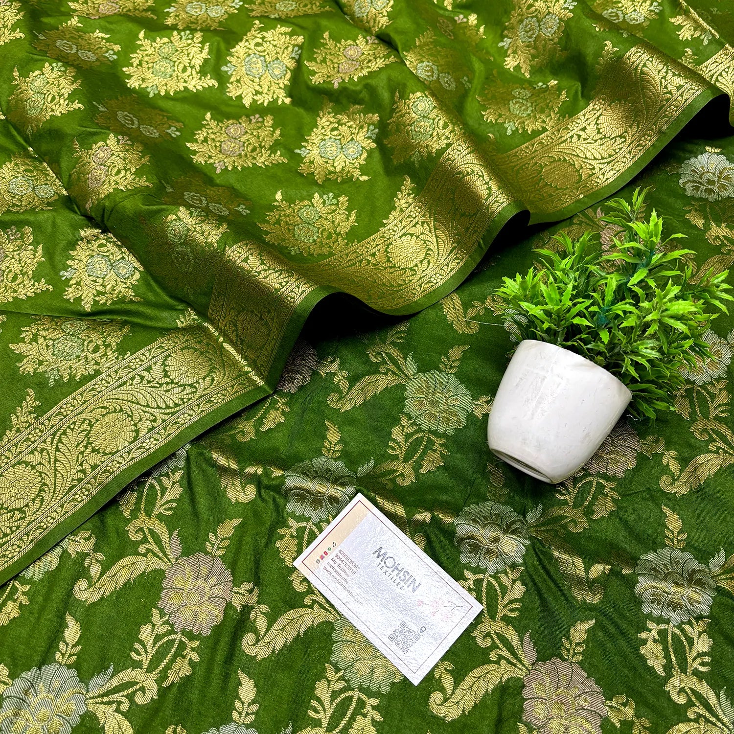 Mehendi Zari Katan Silk Banarasi Suit